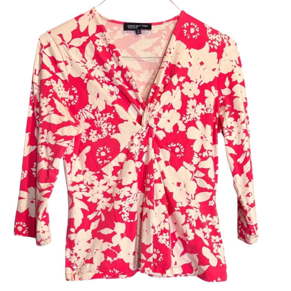 Jones New‎ York Floral Top Women XL Pink Good Twist Front 3/4 Sleeve V-Neck